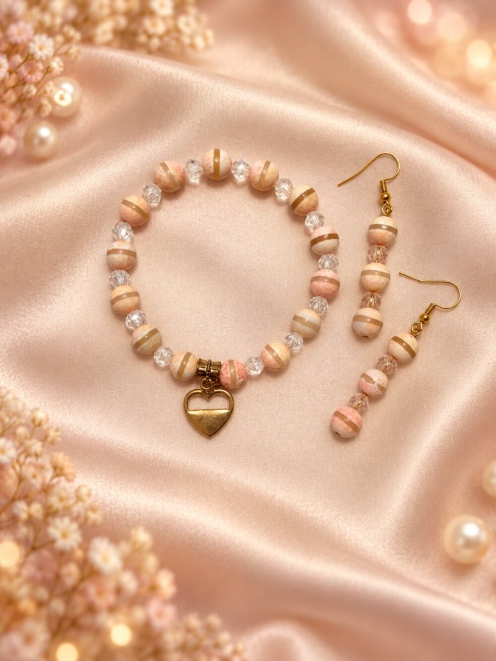 Blush & Ivory Beaded Bracelet and Matching Earrings Set